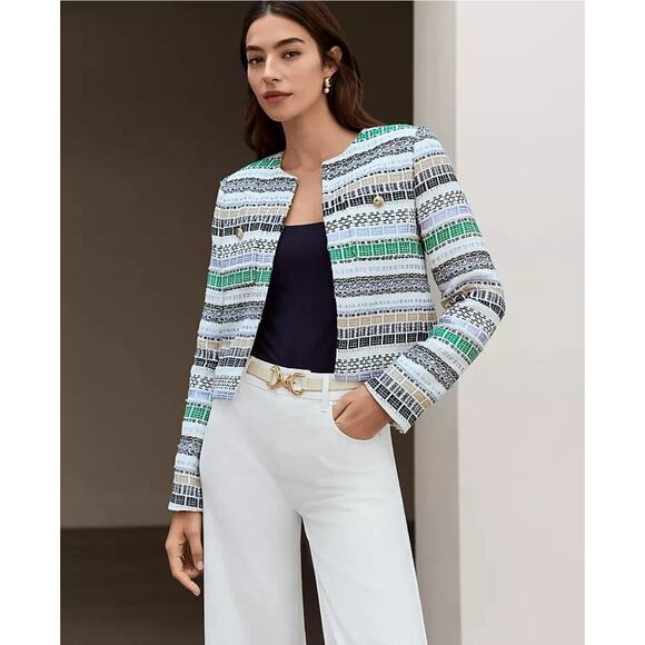 ANN TAYLOR tweed patch pocket jacket crop blue green blazer sz 6 $179 - Picture 1 of 8